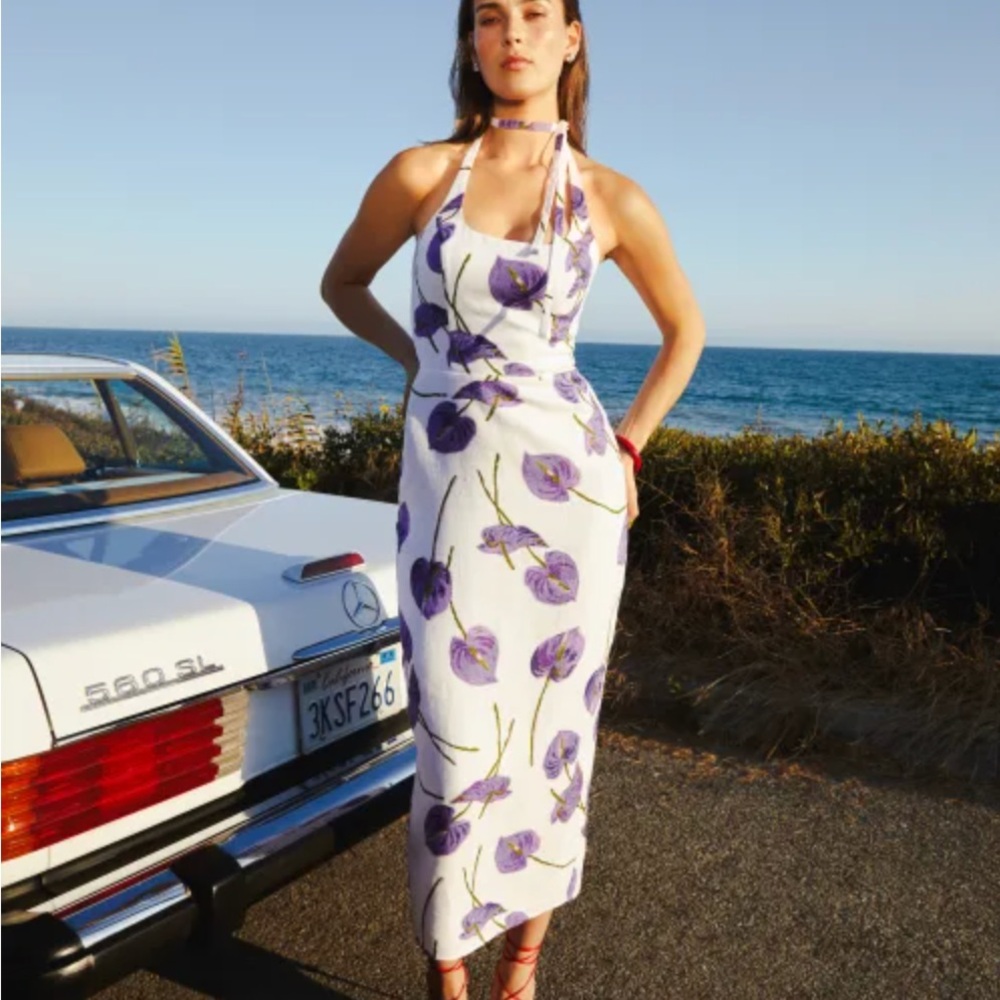 Reformation Yana Linen Floral Halter Neck Dress